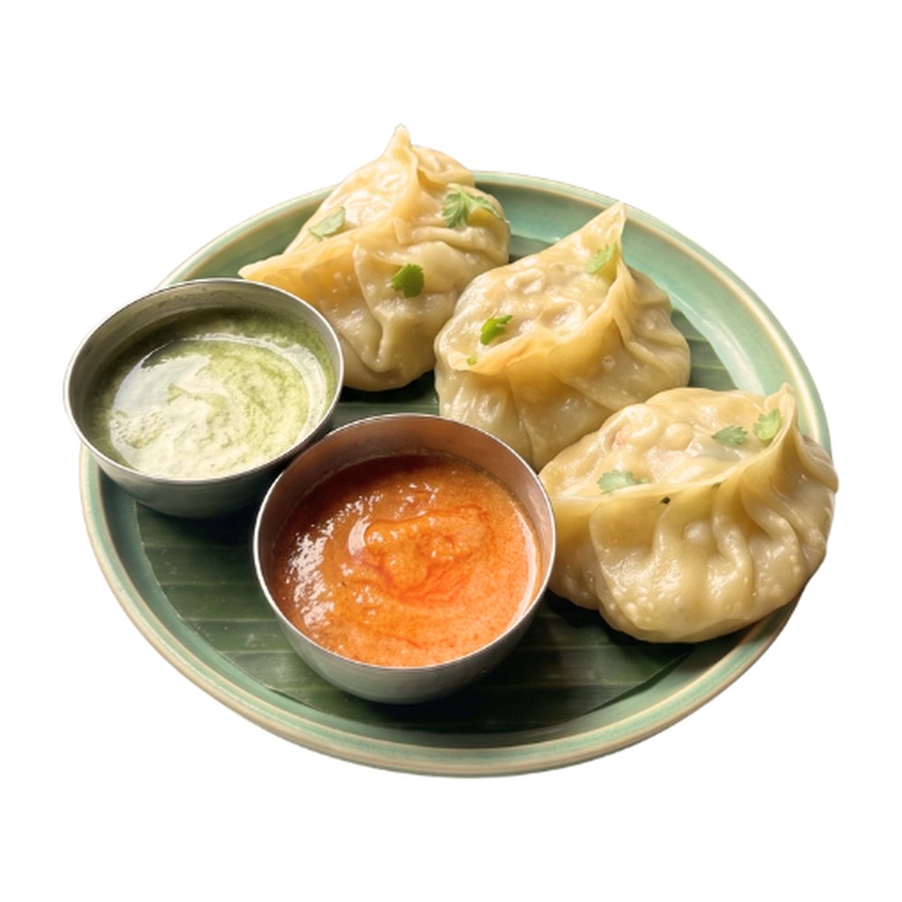 Three steamed vegetable momos on a green plate with a spicy nutty sauce and a yogurt coriander dip
